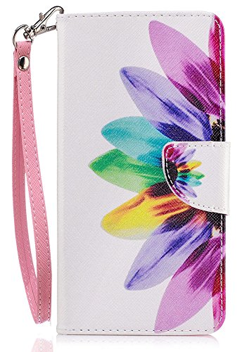 Nokia 6 Case, Nokia 6 Wallet Case, JanCalm [Wrist Strap] [Kickstand] [Card/Cash Slots] Pattern Premium PU Leather Wallet Cell Phone Cases Flip Cover for Nokia 6 + Crystal Pen (Rainbow Flower)