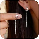 FUNYCHEN S925 Sterling Silver Threader Earrings for Women Dainty Long Chain Ear Line with Cubic Zirconia Elegant Dangle Tassel Earrings Heart Earring Valentine's Day Weeding Jewelry Gifts for Her