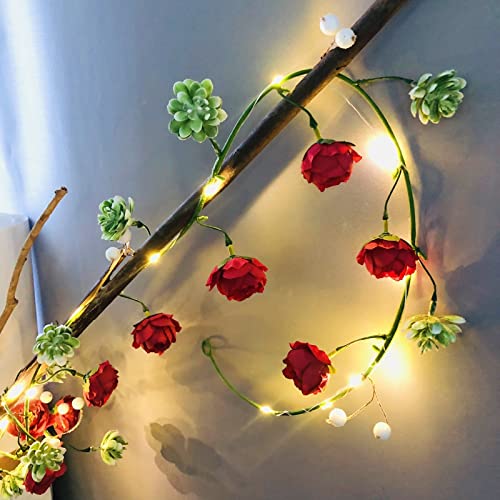 Riaxuebiy Künstliche Rose Blume Sukkulenten Rebe Girlande mit 2 m 20 LED-Lichterkette batteriebetriebene Lichterkette Fee Licht für Hochzeit Valentinstag Zimmer Dekoration (Rose Rot)