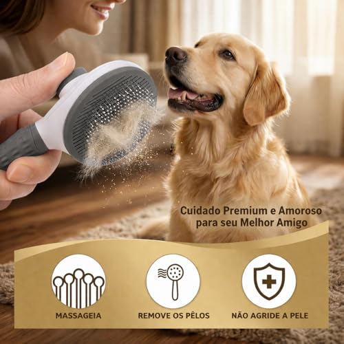 Escova Pet Removedora de Pelos para Cães e Gatos Autolimpante com Cerdas Flexíveis Resistentes e Cabo Anatômico (Cinza)