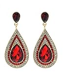 Women's India Inspired Teardrop Gemstone Evening Dangling Earrings, Ruby Red