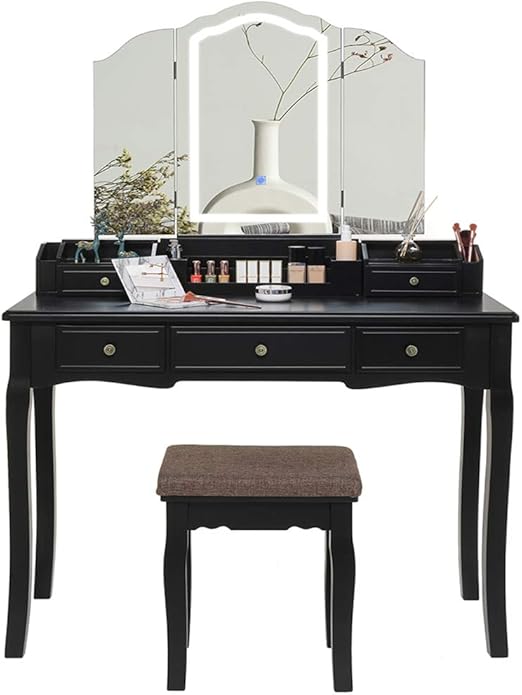 Amazon Com Iwell Vanity Table With Large Tri Folding Mirror Vanity Set With 5 Drawers Makeup Table Dressing Table With Padded Cushioned Vanity Stool Vanity Table Set For Girls Women Bedroom Bathroom Black Kitchen