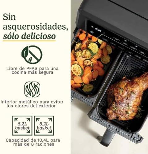 Air Fryer XXL Doble Zona | Sin PFAS | 2x5.2L | Fríe, hornea, deshidrata, mantiene caliente | Cocina 8+ raciones | Piezas lavavajillas