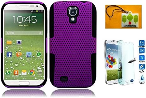 Galaxy S4, Straight Talk Samsung Galaxy S4 S975L LTE , LF Progressive Hybrid Protective Gummy TPU Mesh Defense Case with Tempered Glass Screen Protector &amp; Wiper (Mesh Purple)