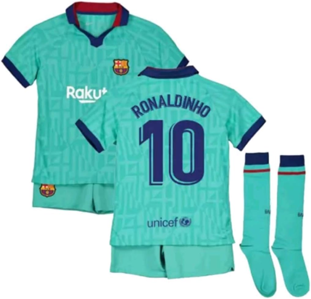 Sybabyt 2019-2020 FC Barcelona Ronaldinho #10 Boys/Girls Third Soccer Jersey & Short & Socks Green