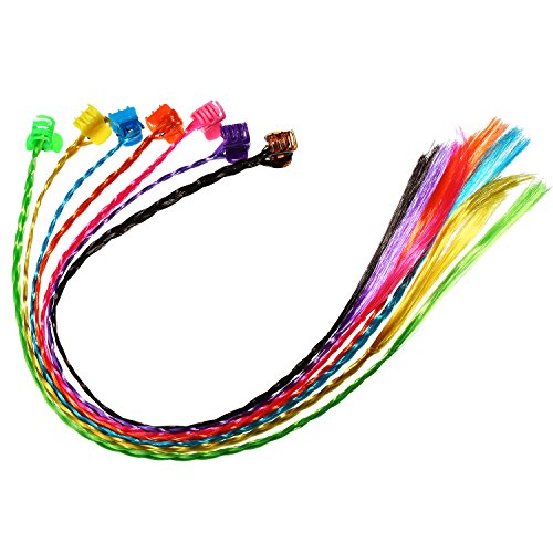 Bememo 21 pieces Nylon Braided Hair Neon Hair Braid Extensions Attachments with Neon Clip Snaps for Birthday Party Favors and Children Performance, 7 Colors
