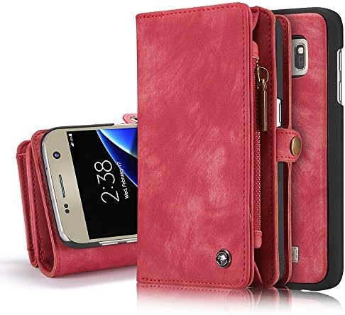Galaxy S7 Edge Leather Wallet Case Premium Retro Zipper Folio Flip Card Slots Cash Holder Case Purse With Detachable Magnetic Hard Cover For Samsung phone (Red)