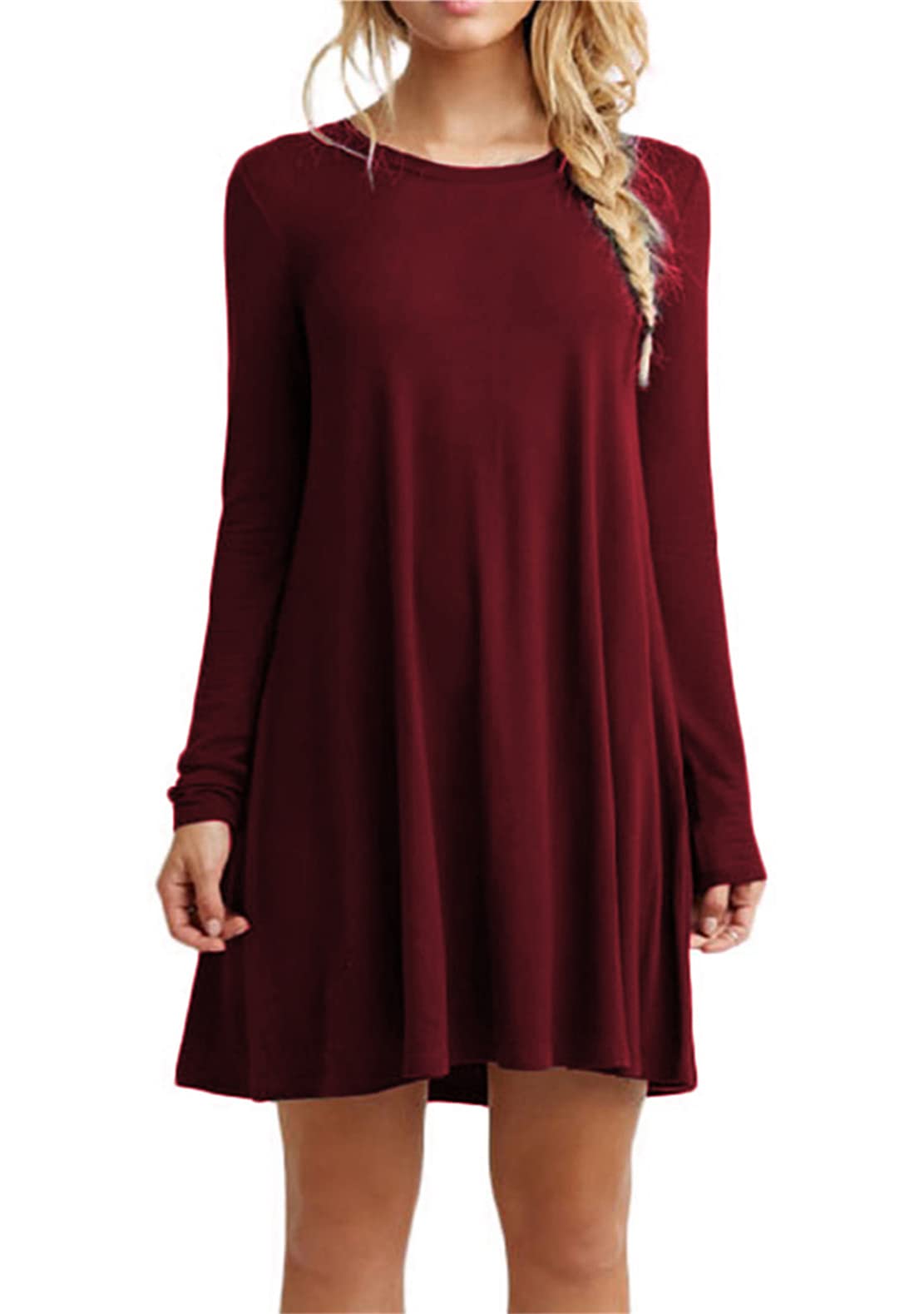 YMING Women Plain Mini Dress Long Sleeve Casual