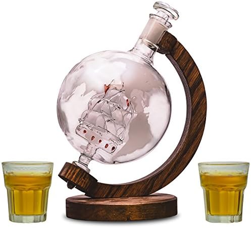 Etched Globe Liquor Decanter - Scotch Whiskey Decanter - 1000ml Glass Decanter for Alcohol - Vodka, Bourbon, Rum, Wine, Tequila or Mouthwash - Magellan's Victoria (Shot Glass Bundle)