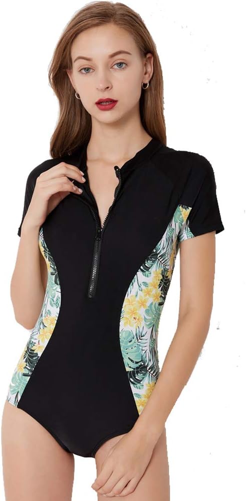Abuyall Women Print Rush Guard UV Protection Zip Front Swimsuit One Piece Short Sleeve Surfing Costume