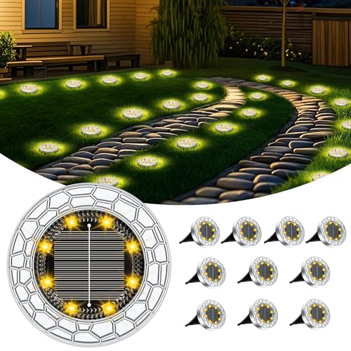 FIFlying 10 Pieces Solar LED Outdoor Garden Lights, 8 LED Solar Lights Outdoor Garden Floor, Stainless Steel, LED Solar Garden Lights for Lawn, Path, Sidewalk, Patio, Warm White