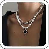 Zeshimb Layered Pearl Choker Necklace Black Crystal Heart Pendant Necklace Faux Pearl Chain Love Heart Necklace Vintage Silver Pearl Collar Necklace Jewelry for Women