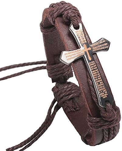 Rocki Punky Laser Engraved Scrpits Jesus Christ Crucifix Cross Religious Leather Wrap Bracelet Brown