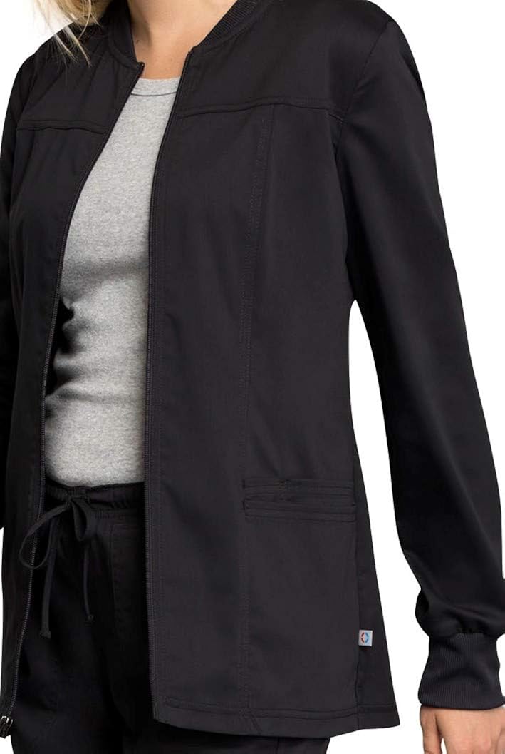 Cherokee Workwear Revolution Tech Zip Front Warm-Up Scrub Jacket, M, Black: Clothing