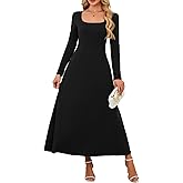 KETAWAK Womens Long Sleeve Dresses Casual Spring Maxi Dresses Square Neck A Line Elegant Flowy Dresses with Pockets
