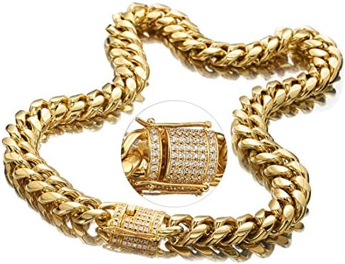TIANZHIYOU TRADING Heavy Thick Mens Miami Cuban Link Chain Choker 18K Gold Plated Stainless Steel Chain Necklace 8/10/12/14mm Cuban Link Chain Various Sizes for Different People