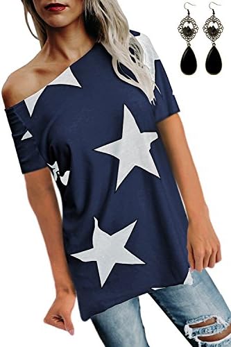 WAEKIYTL Women Off Shoulder Casual T Shirt Short Sleeve Loose Fit Tops Blouses with Star Pattern