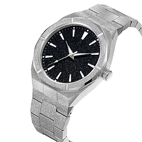 DROCUAMGOYA Men Fashion Analog Quartz Watch Frosted Case Stainless Steel Star Dust Dial 40mm Casual Business Watch for Men Waterproof Luminous (Silver)