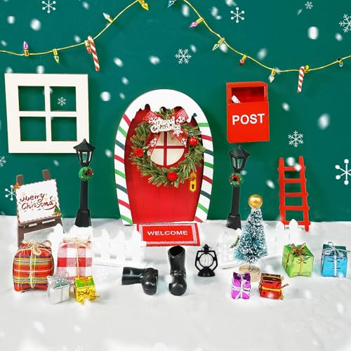 Bbiamsleep 27 Pcs Christmas Elf Fairy Door Kit Tiny Wooden Miniature Fairy Doors Mini Door with Christmas Decoration Accessories for Mini House Furniture Christmas Decoration