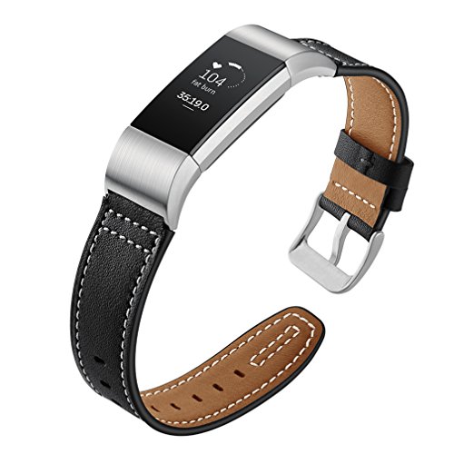 MoreToys Genuine Leather Adjustable Replacement Accessory Sport Watch Band Wrist Strap Bracelet for Fitbit Charge 2 Fitness Wristband (Black) - Thumbnail 2