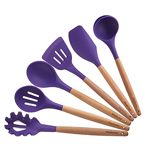 Silicone Cooking Utensils, 6 Pieces Nonstick Heat Resistant Kitchen Tool Set BPA Free with Natural Wood Handle by Maphyton - Thumbnail 6