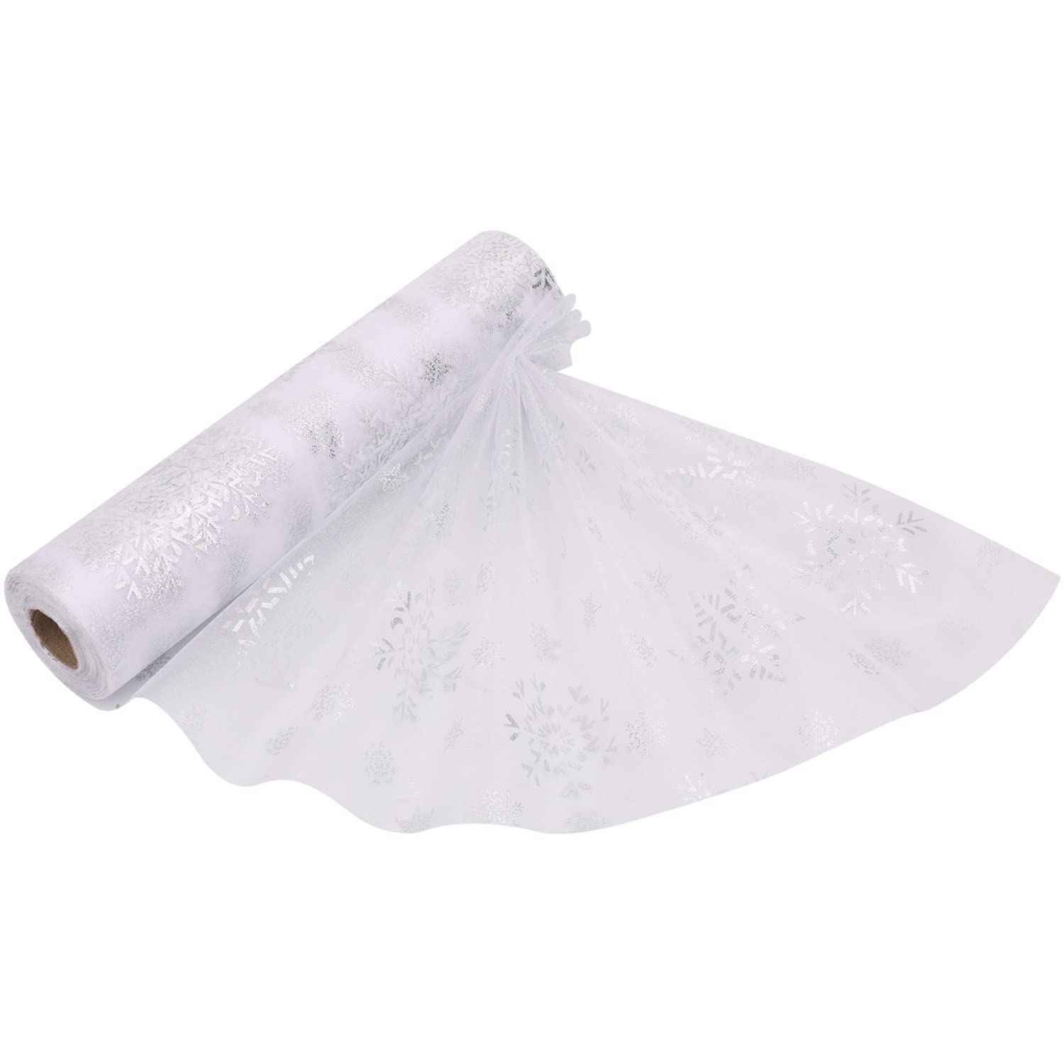 Trimming Shop 25m x 29cm Christmas Snowflake Organza Roll Snow Sheer Glitter Fabric for Xmas Tree, Christmas Wreath, Table Runner, Chair Sashes, DIY Gift Wrapping, New Year Party Decoration, White