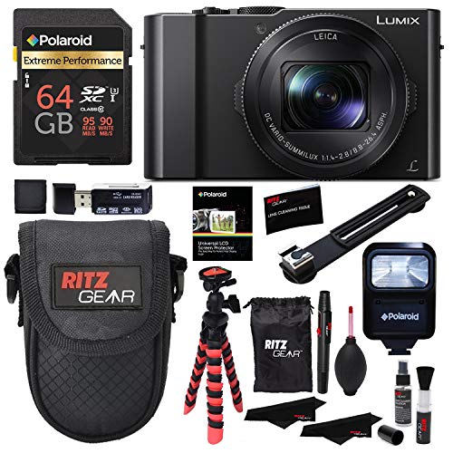 Panasonic LUMIX DMC-LX10K Camera, Polaroid 64GB, Memory Card Wallet, Flash, Ritz Gear Tripod, Cleaning Kit, Case and Accessory Bundle