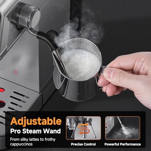 AMZCHEF Espresso Coffee Machines with 20 Bar Pressure, Self-Cleaning & Memory Function, LED Touch Screen, Compact Coffee Machine with Milk Frother for Home, Metallic Silver