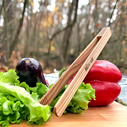Mr.Art Wood Long Wooden BBQ Tongs (Pack of 2), 11,8" Generous Length, Best for Grilled Meat, Steaks, Fruits, Vegetables or Bread & Toaster at Kitchen, 100% Natural Ash Wood