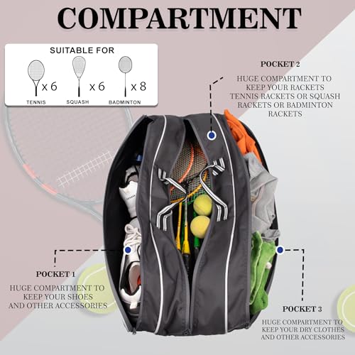WHACKK Team Tennis Bag Grey | Racket Bag for Tennis & Badminton with Shoe Pocket | Backpack Style Kit Bag for Men, Women & Junior Players 3