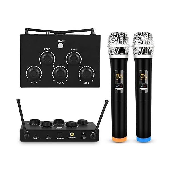 Rybozen Tragbares Karaoke-Mikrofon-Mischsystem-Set mit Dual-UHF-Mikrofon, 3,5 mm AUX/optisch/Koaxial im Gesangsempfänger…