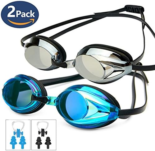 Swim Goggles Pack of 2,POKTOK Swimming Goggles No Leaking Anti Fog UV Protection Triathlon with Silicone Nose Clip Ear Plugs for Men Women Adult Youth Child Kids