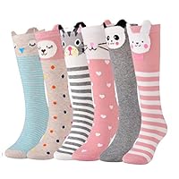 Flanhiri 6 Pack Girls Socks, Knee High Stockings Cartoon Animal Warm Cotton Socks (6 Pairs)