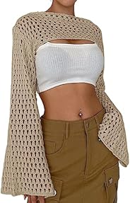 Verdusa Women's Crop Sweater Hollow Out Trumpet Flounce Sleeve Boat Neck Crochet See Through Knit