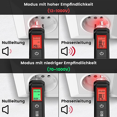 KAIWEETS Spannungsprüfer Berührungslos mit LCD-Anzeige, NCV Tester mit Signalstärke-Prozent, Dualbereich 12V/70V–1000V AC Phasenprüfer, Phasen- und Nullleiterprüfung, Leitungsbruch-Finder 4