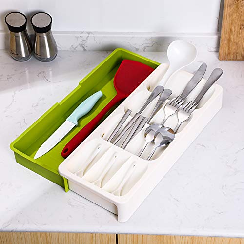 Expandable Kitchen Drawer Organizer, Adjustable Cutlery Tray, Flatware Drawer Tray, Drawer Dividers Organize Multi-Purpose Storage for Kitchen, Office, Bathroom (White-Green) …
