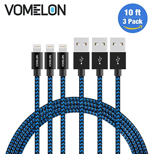 Lightning Cable, 3Pack 10FT Nylon Braided Extra Long Tangle-Free Cord Lightning Cable Certified to USB iPhone Charger for iPhone 7/7 Plus/6S/6 Plus, SE/5S/5, iPad, iPod Nano 7-[Blue+Black]