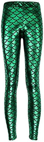 Women Shiny Fish Scale Mermaid Leggings Printed Plus Size Pants Green S-4XL