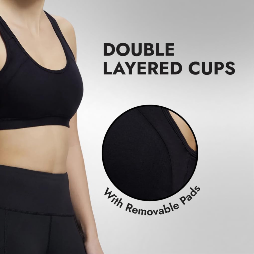 Jockey 1380 Women's Wirefree Padded Super Combed Cotton Elastane Stretch Racer Back Styling Active Bra with Stay Fresh Treatment_Black_L (Prints May Vary) 4
