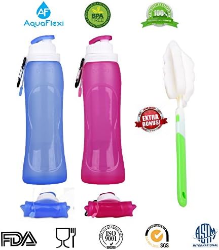 AquaFlexi (Set of 2 with Bonus Brush) 17 Oz Collapsible Water Bottle – Foldable, Flexible Silicone - Travel, Sports, BPA Free, FDA Approved, Eco Friendly, Leak Proof