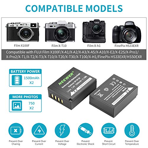 Neewer Kit Rechange Batterie et Chargeur pour NP-W126 pour Fujifilm X-T3 X-T2 X-T1 X-A5 X-E3 X-E2 X-E1 X100F X-H1 X-M1 X-Pro2 X-T20 et Plus (2 1500mAh Batterie/Double USB et Entrée de Type C) - Image 4
