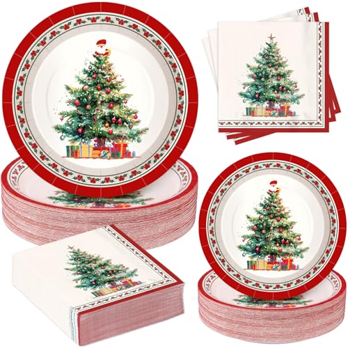 200Pcs Christmas Paper Plates and Napkins, Christmas Tree Plates and Napkins, Xmas Party Decorations Supplies Disposable Holiday Dinnerware Set, Serves 50