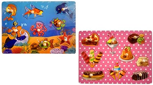 WELLSKEY Set of 2 Wooden Peg Puzzles (Undersea World &amp;Sweets)