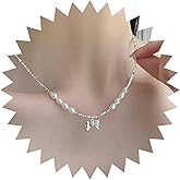 Xduargs Boho Bow Pendant Necklace Silver Bowtie Choker Necklace Vintage Baroque Pearls Necklace Adjustable Bow Pearl Chain Necklace Jewelry for Women