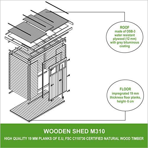 TIMBELA M310+M310G Holzhaus Gartenhaus - Gartenschuppen Holz mit Boden Imprägnierte B239xL142xH200 cm/ 2,63 m2 Lagerschuppen für Garten - Fahrrad Schuppen - Wasserfestes Dach – Bild 7