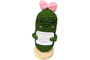 Fxkoolr Handmade Emotional Support Pickle Cucumber Gifts with Pink Bowknot Glasses Wooden Base, Funny Reduce Pressure Pickle for Women Office Home Decor
