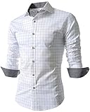 Benibos Men's Casual Long Sleeve Plaid Slim Fit Dress Shirts (M, White)