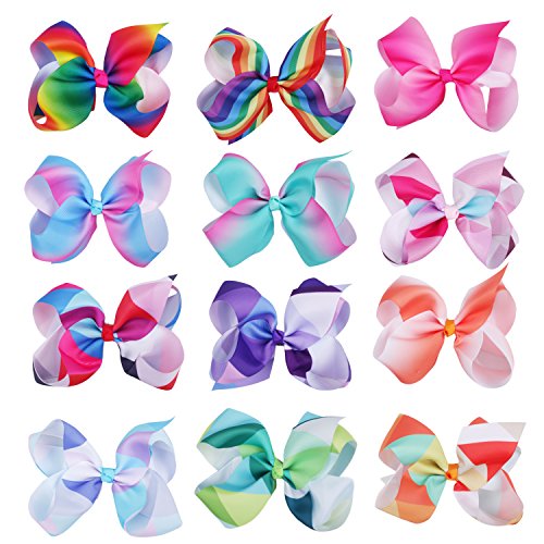 Larger 6 inch Rainbow Hair Bows Clips For Baby Girls Teens Toddlers 12 Pcs