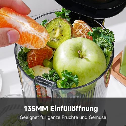 Entsafter - Slow Juicer mit 135 mm großem Einfüllschacht für ganzes Obst und Gemüse - Leicht zu Reinigen mit 2 Gläsern - Silber