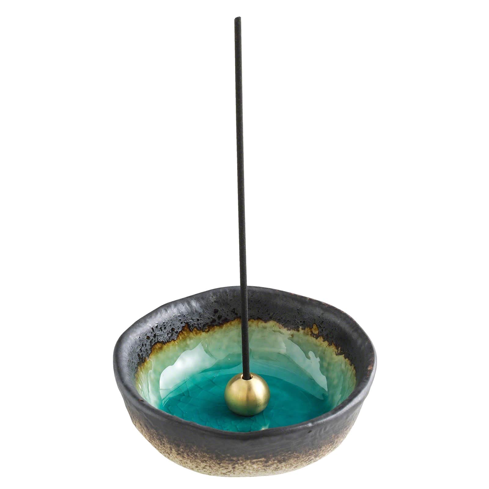 Asayu Japanese Small Mini Incense Holder for Sticks 8.3cm (3.3 inch), Made in Japan Ceramic Ash Catcher & Brass Incense Burner Set for Relaxation, Home Decor - Nature Aquamarine